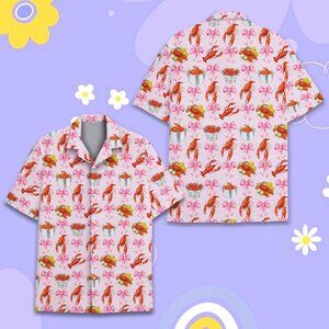 Lobster & Pink Bow Hawaiian Shirt for Women – Tropical Seafood Button Down